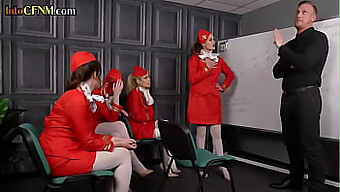 A Band Of Female Flight Attendants Giving Oral Pleasure In A Bdsm Scenario, Adorned In Heels And Nylon Stockings.